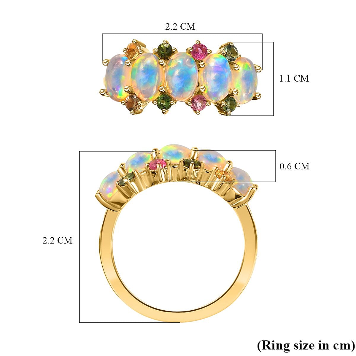 Ethiopian Welo Opal and Multi-Tourmaline Ring in 18K Vermeil Yellow Gold Plated Sterling Silver 1.75 Ct