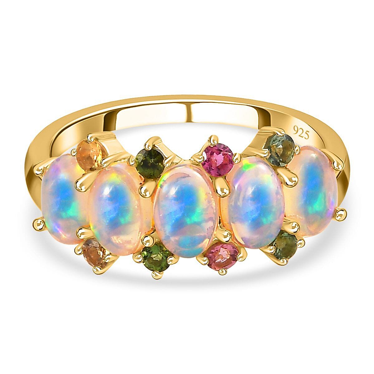 Ethiopian Welo Opal and Multi-Tourmaline Ring in 18K Vermeil Yellow Gold Plated Sterling Silver 1.75 Ct