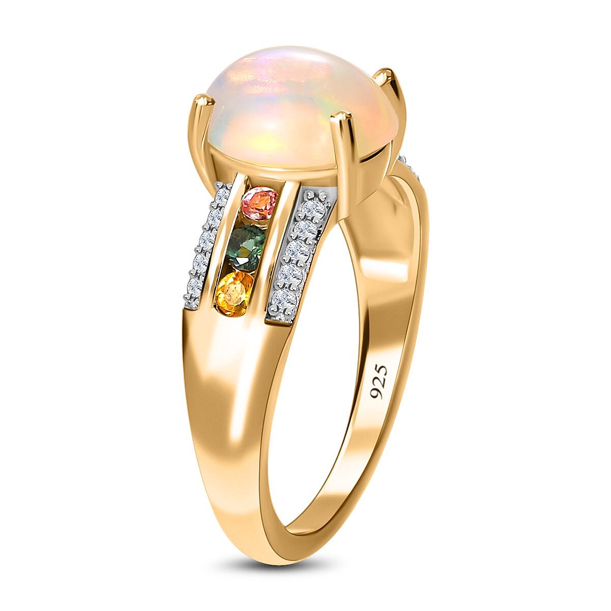 Ethiopian Welo Opal, Multi-Tourmaline and Natural Zircon Ring in 18K Yellow Gold Vermeil Plated Sterling Silver 1.66 Ct