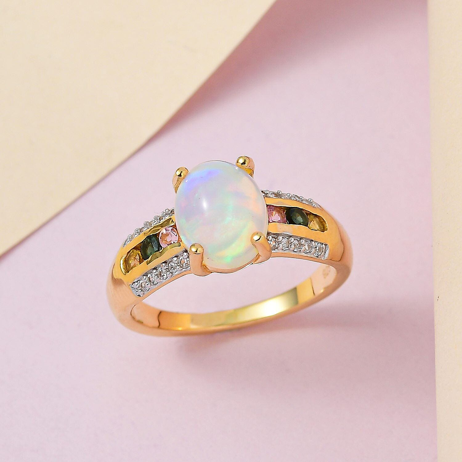 Ethiopian Welo Opal, Multi-Tourmaline and Natural Zircon Ring in 18K Yellow Gold Vermeil Plated Sterling Silver 1.66 Ct