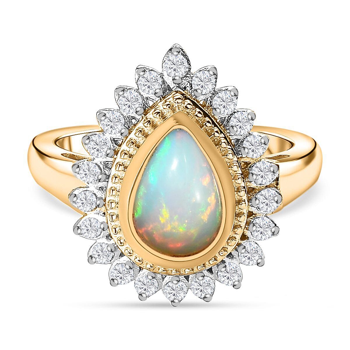 Ethiopian Welo Opal and Natural Zircon Ring in 18K Yellow Gold Vermeil Plated Sterling Silver 1.92 Ct
