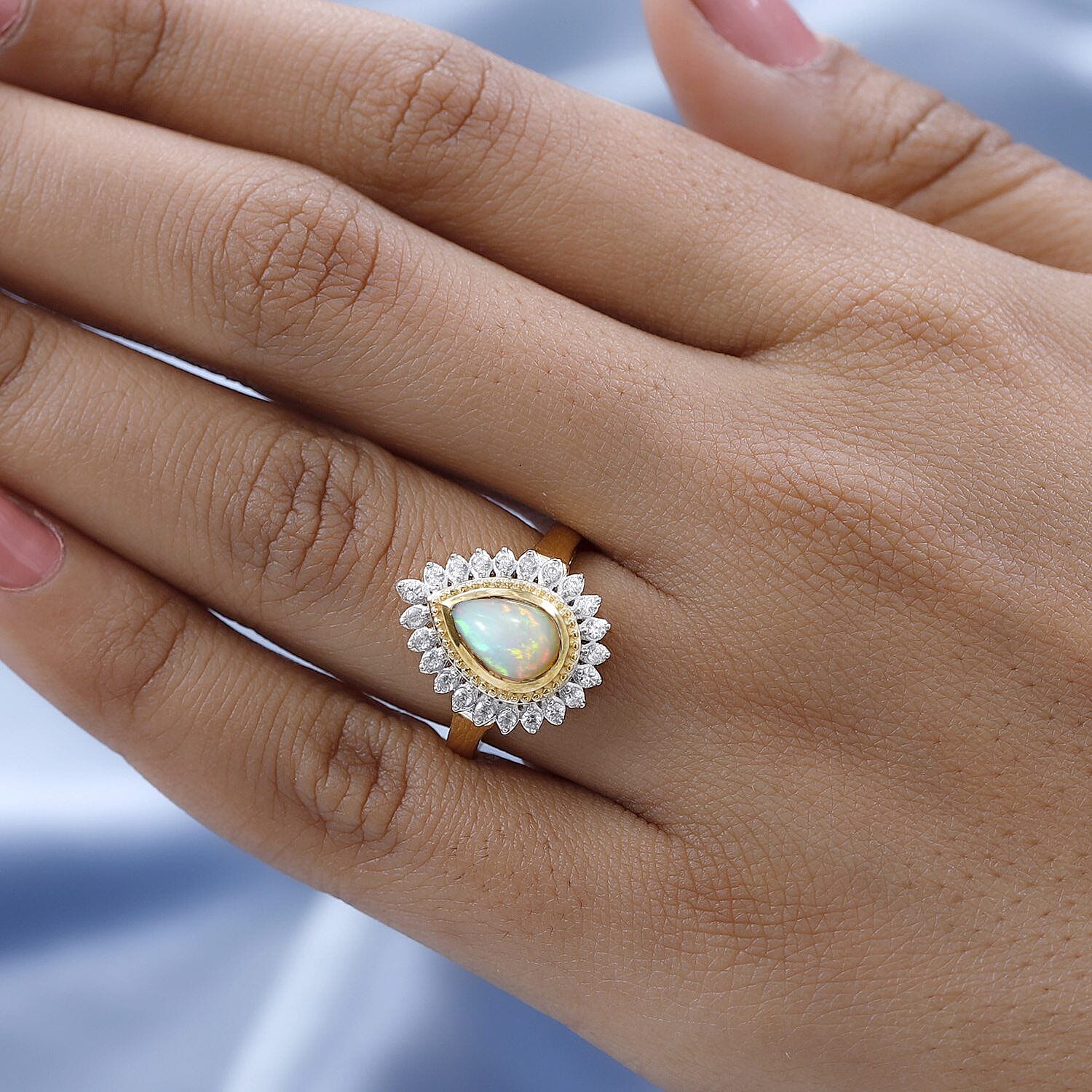 Ethiopian Welo Opal and Natural Zircon Ring in 18K Yellow Gold Vermeil Plated Sterling Silver 1.92 Ct