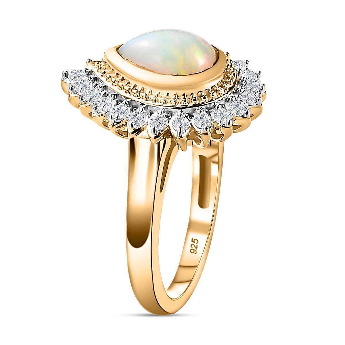 Ethiopian Welo Opal and Natural Zircon Ring in 18K Yellow Gold Vermeil Plated Sterling Silver 1.92 Ct