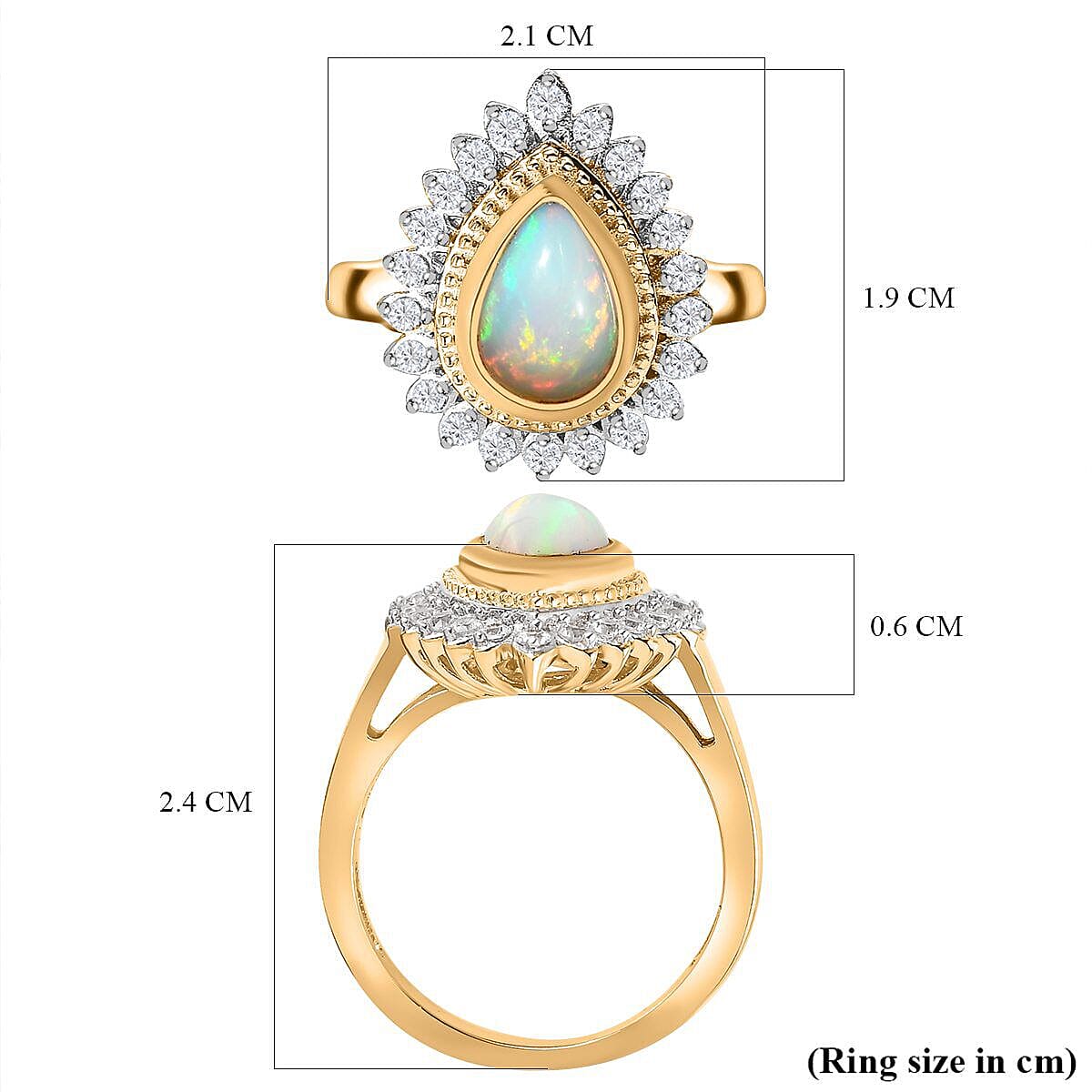 Ethiopian Welo Opal and Natural Zircon Ring in 18K Yellow Gold Vermeil Plated Sterling Silver 1.92 Ct