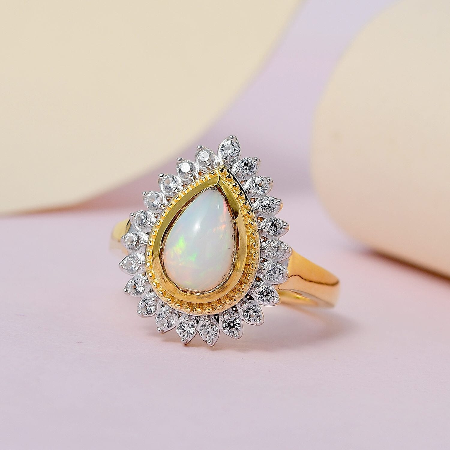 Ethiopian Welo Opal and Natural Zircon Ring in 18K Yellow Gold Vermeil Plated Sterling Silver 1.92 Ct