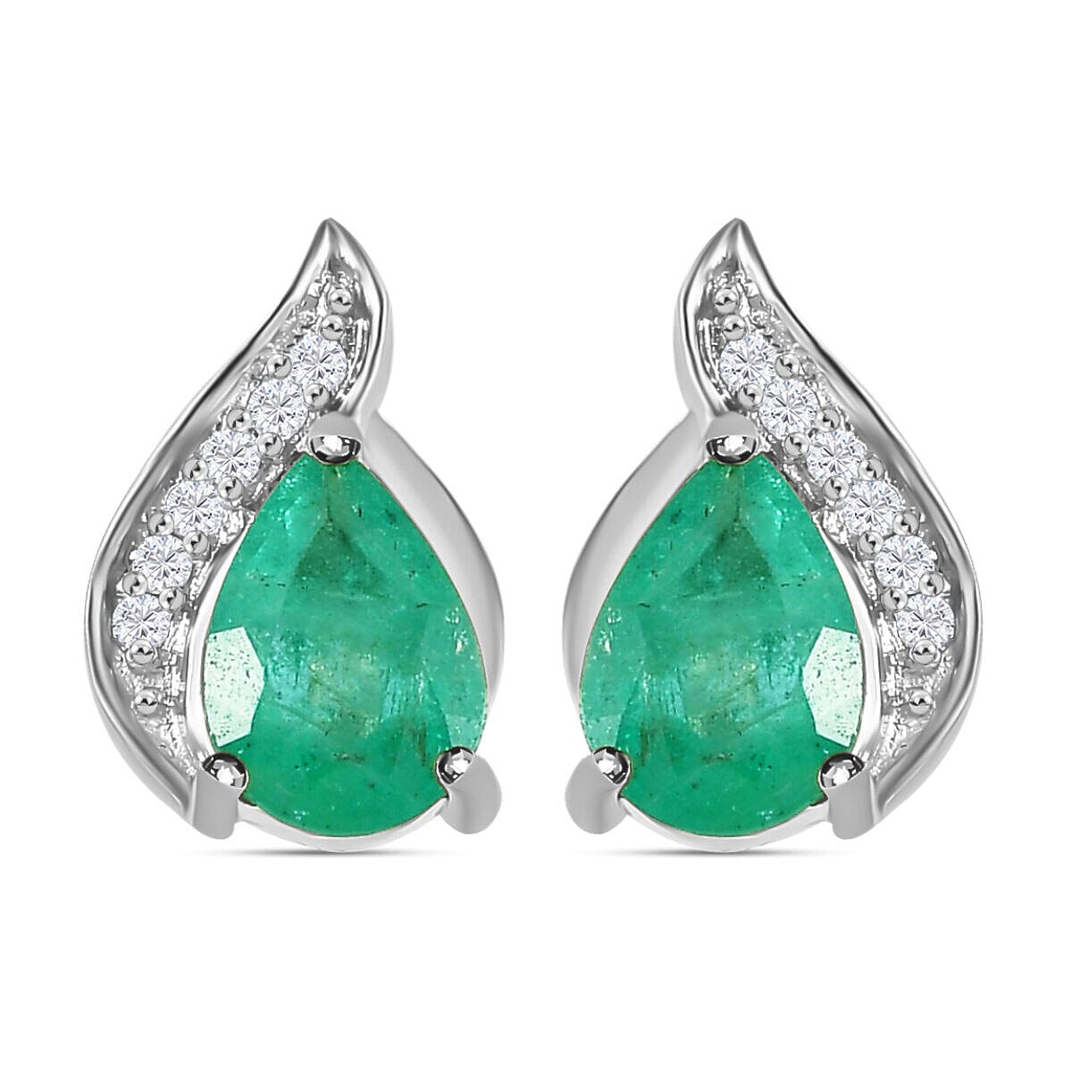 9K White Gold Zambian Emerald and Diamond (G-H) Stud Earrings 1.28 Ct.