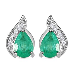 9K White Gold AA Zambian Emerald , White Diamond I3 - G-H Solitaire Stud Push Post Earring 1.28 ct.