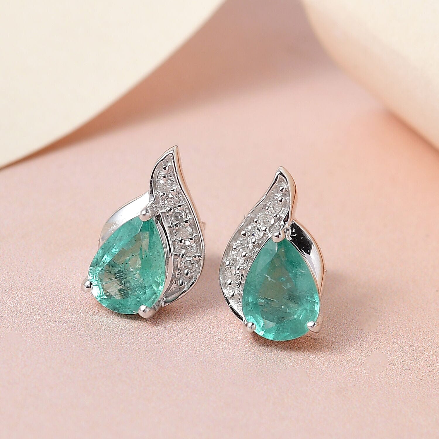 9K White Gold Zambian Emerald and Diamond (G-H) Stud Earrings 1.28 Ct.