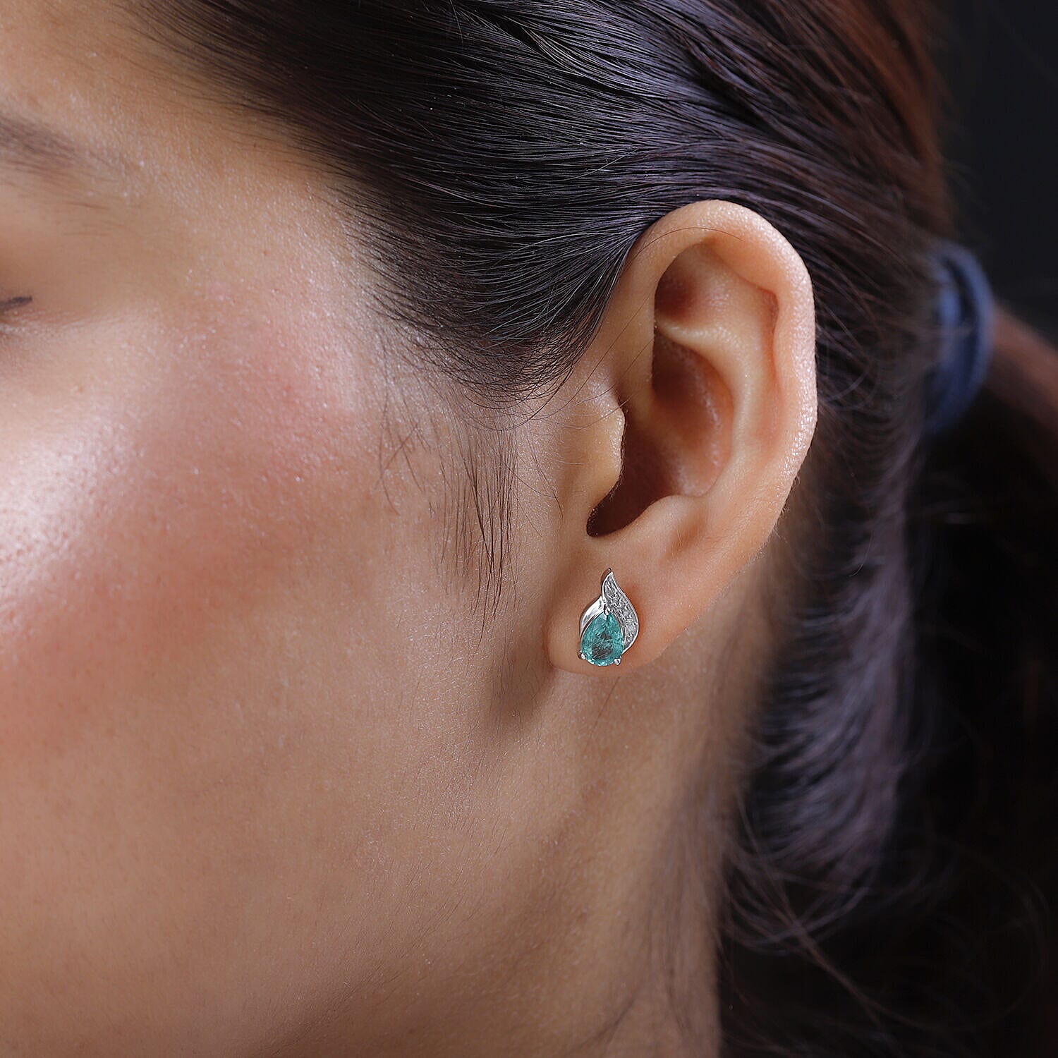 9K White Gold Zambian Emerald and Diamond (G-H) Stud Earrings 1.28 Ct.