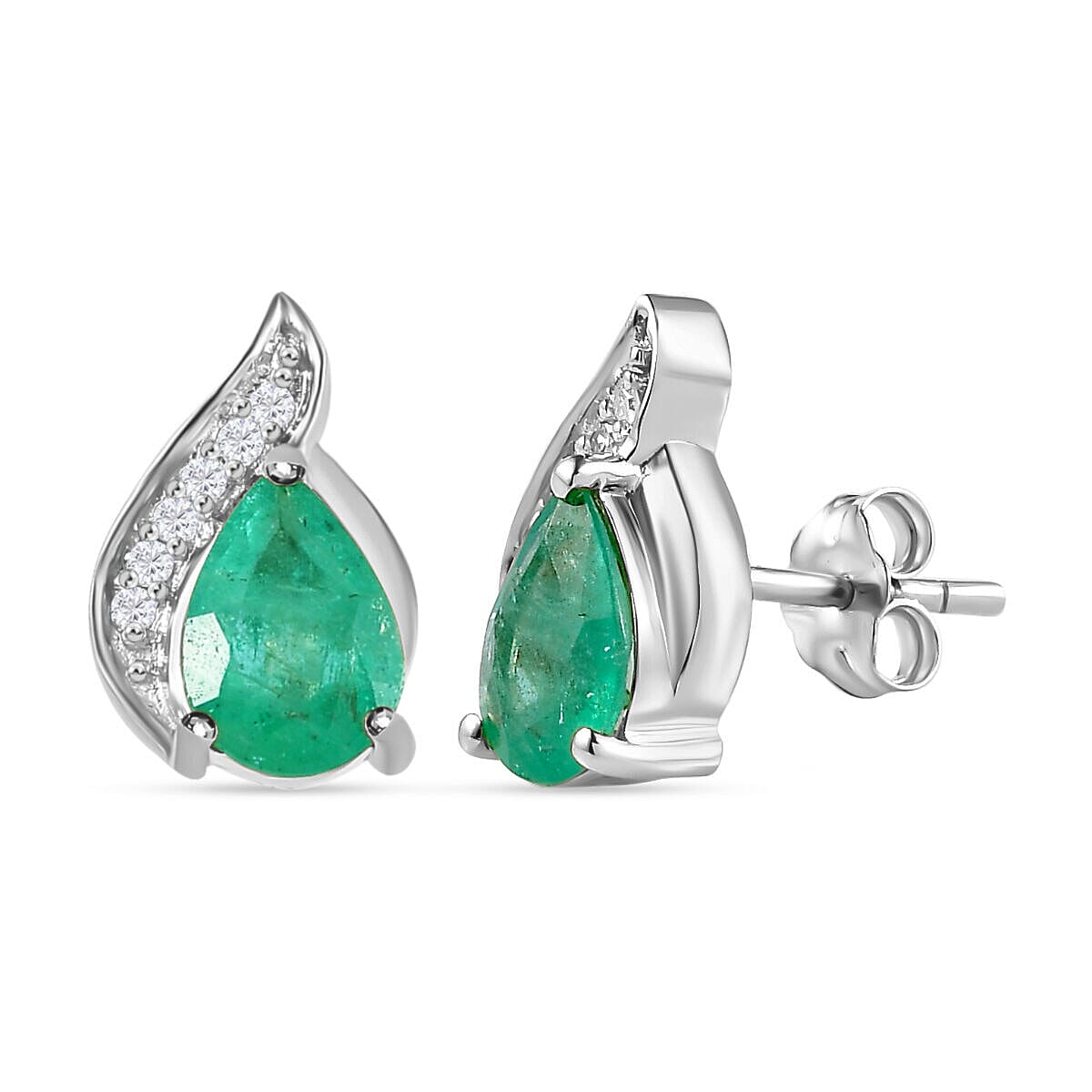 9K White Gold Zambian Emerald and Diamond (G-H) Stud Earrings 1.28 Ct.