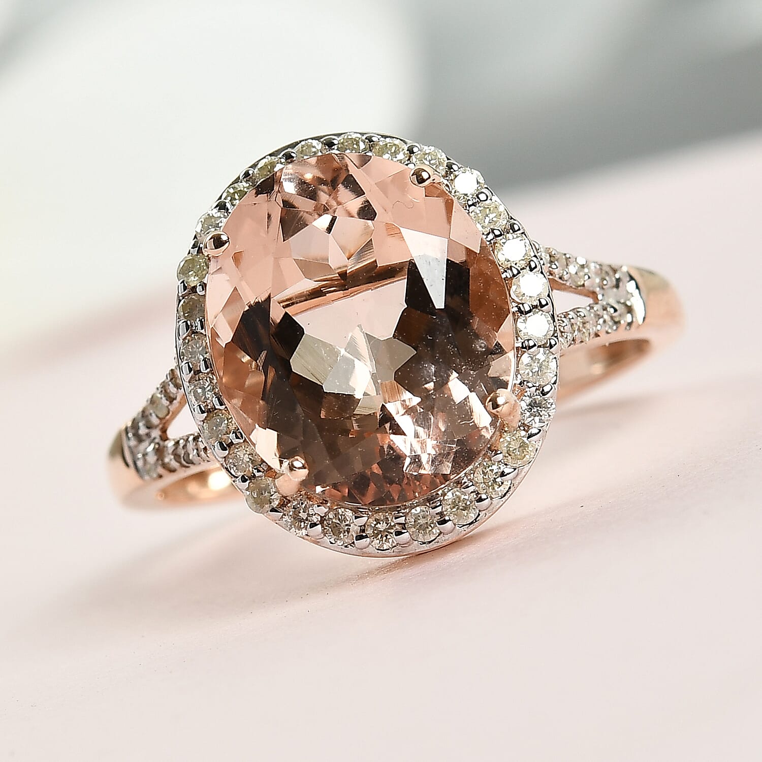 14K Rose Gold AAA Morganite and Diamond Ring 4.81 Ct.