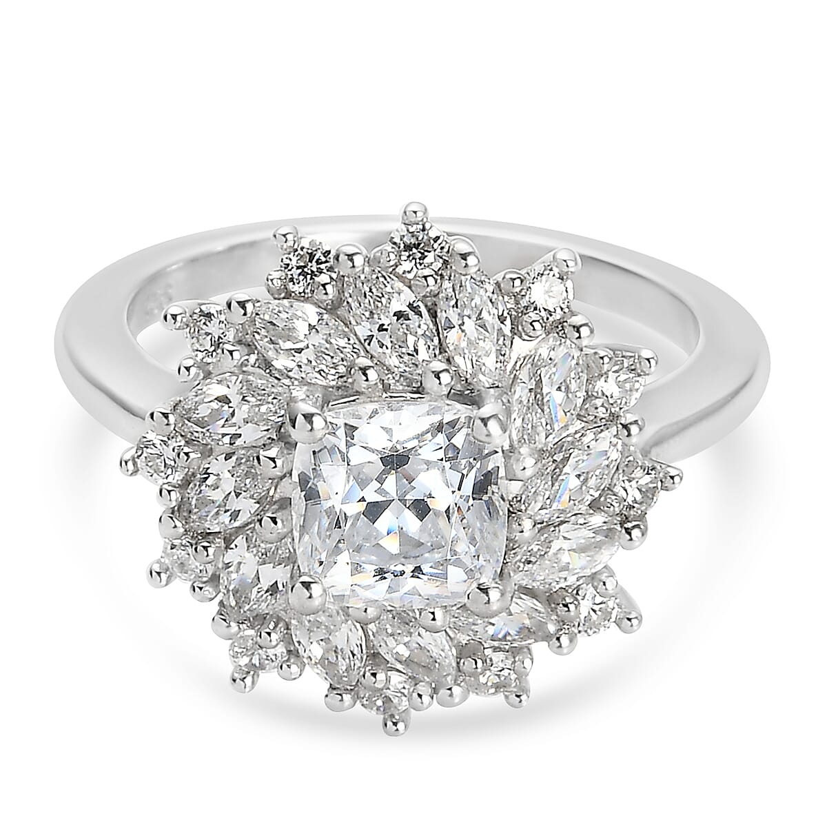 Lustro Stella Platinum Overlay Sterling Silver Ring Made with Finest CZ 3.73 Ct.