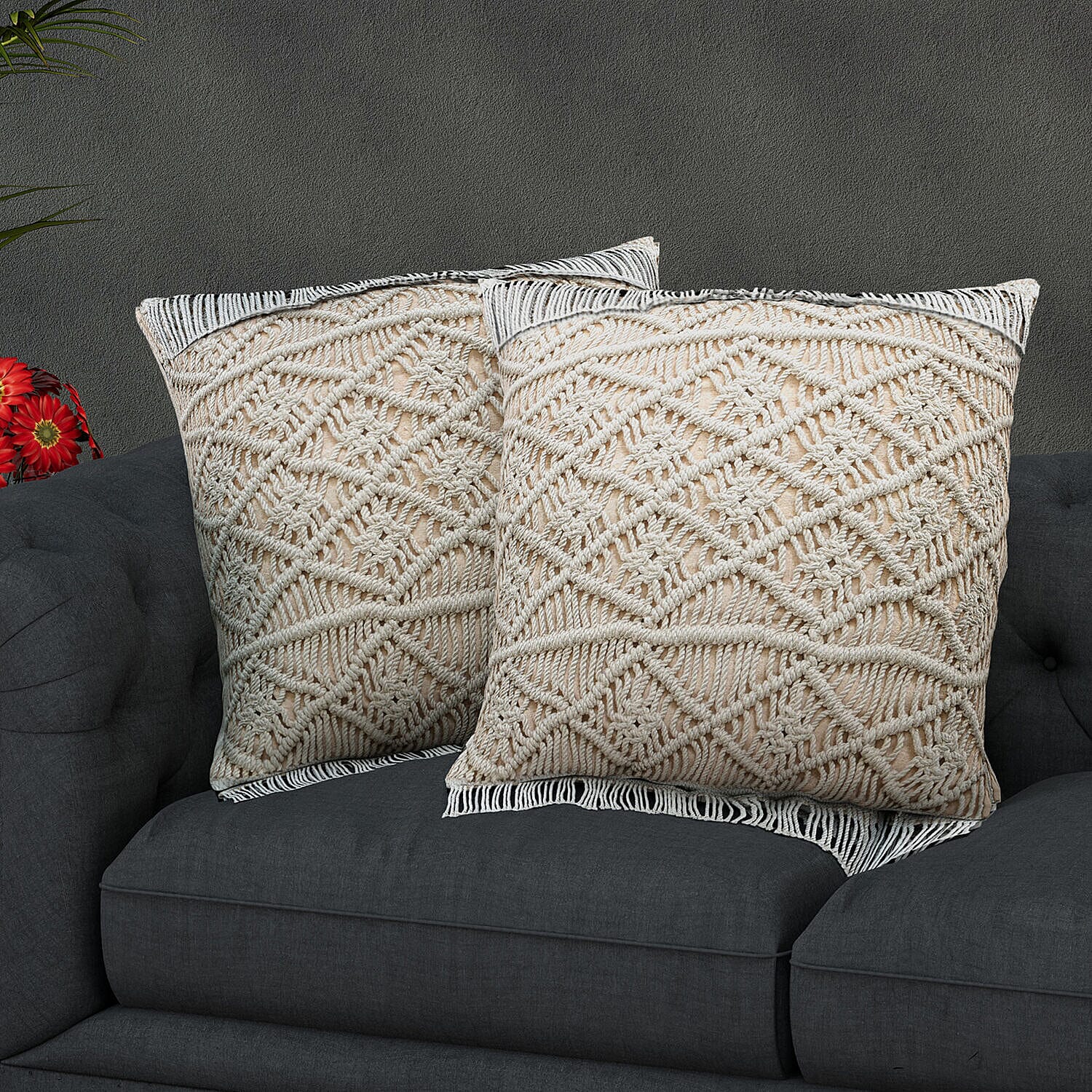 Set of 2 - Handmade 100% Cotton Macrame Cushion Cover with Zipper (Size 40 Cm) - Ivory