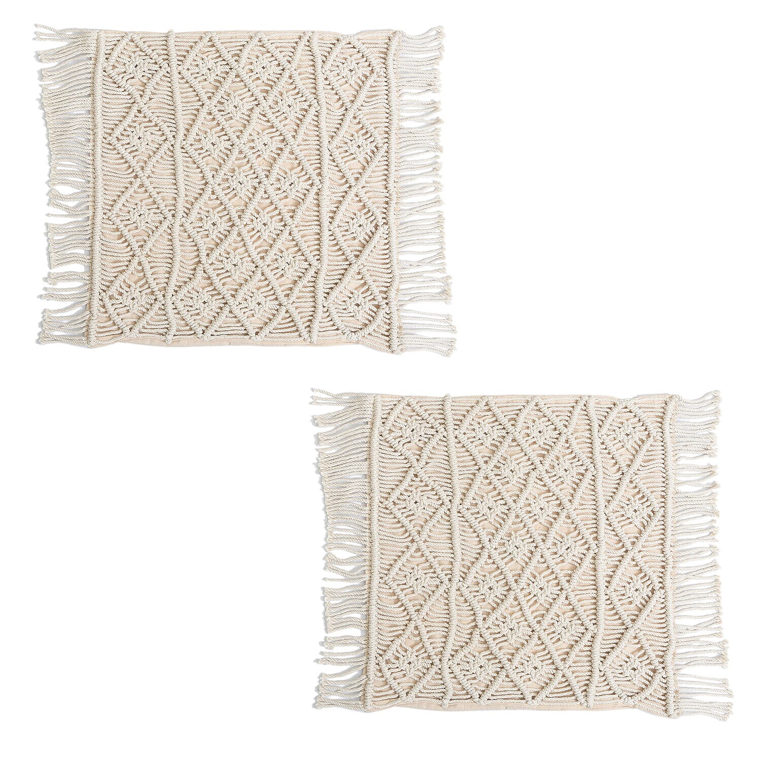 Set of 2 - Handmade 100% Cotton Macrame Cushion Cover with Zipper (Size 40 Cm) - Ivory