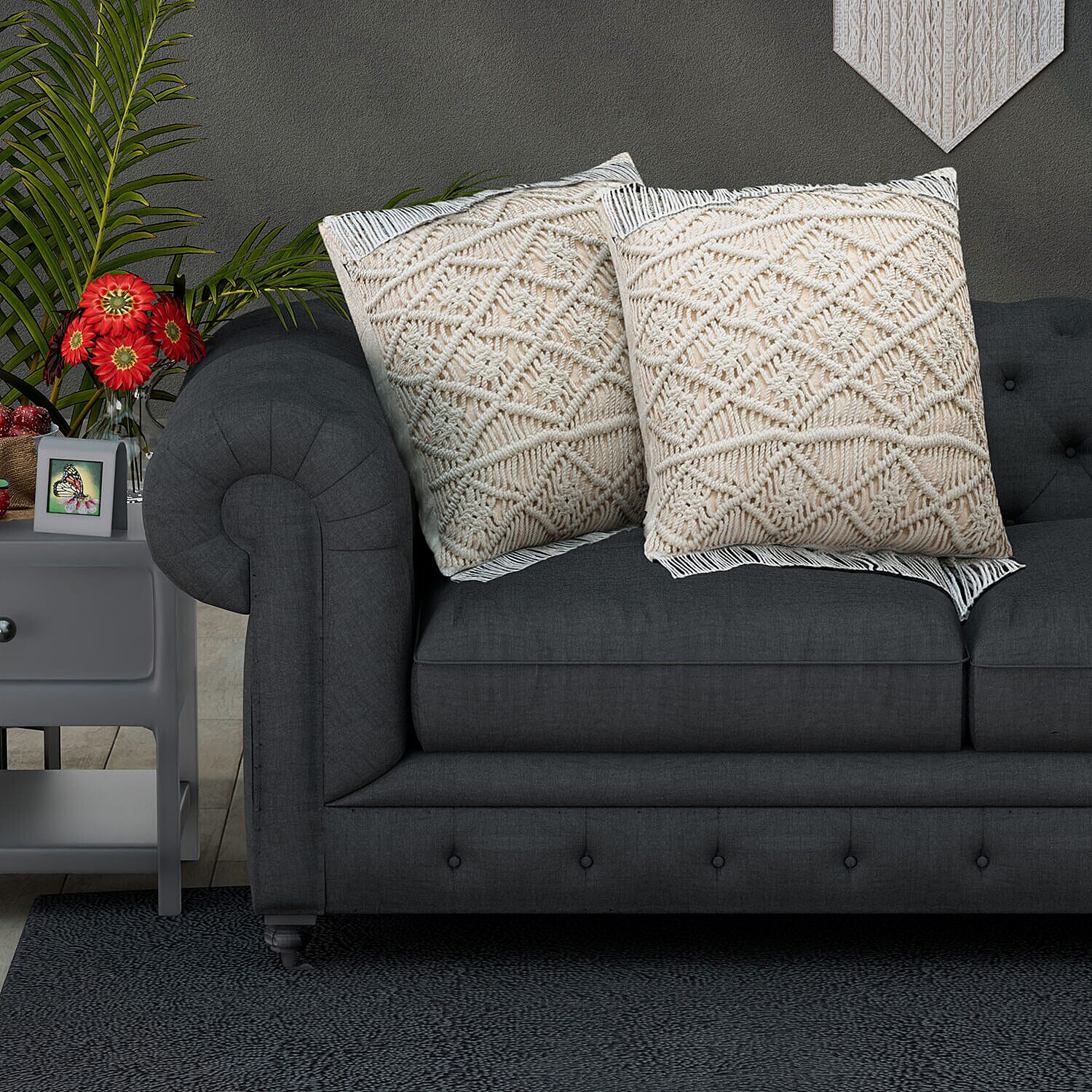 Set of 2 - Handmade 100% Cotton Macrame Cushion Cover with Zipper (Size 40 Cm) - Ivory