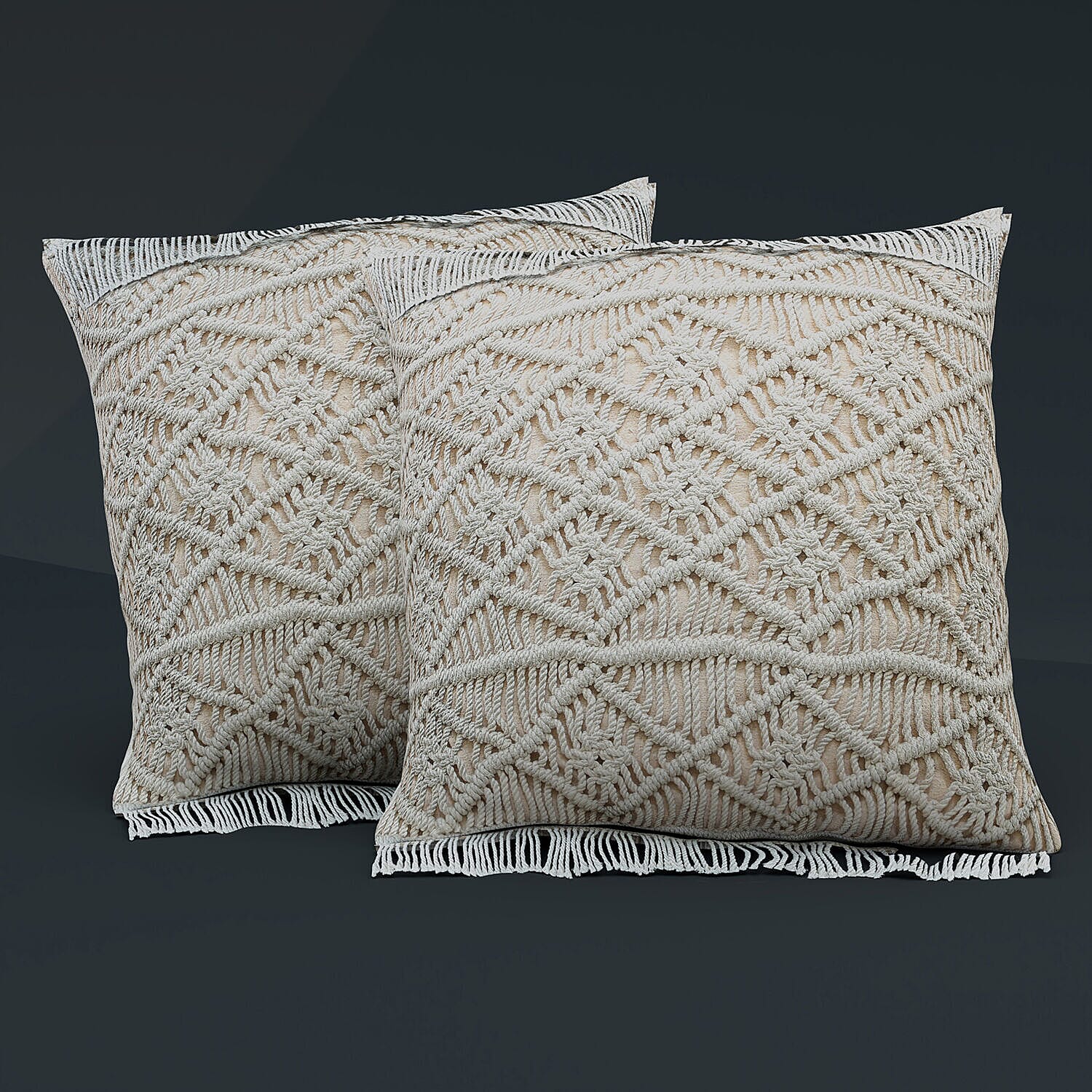 Set of 2 - Handmade 100% Cotton Macrame Cushion Cover with Zipper (Size 40 Cm) - Ivory
