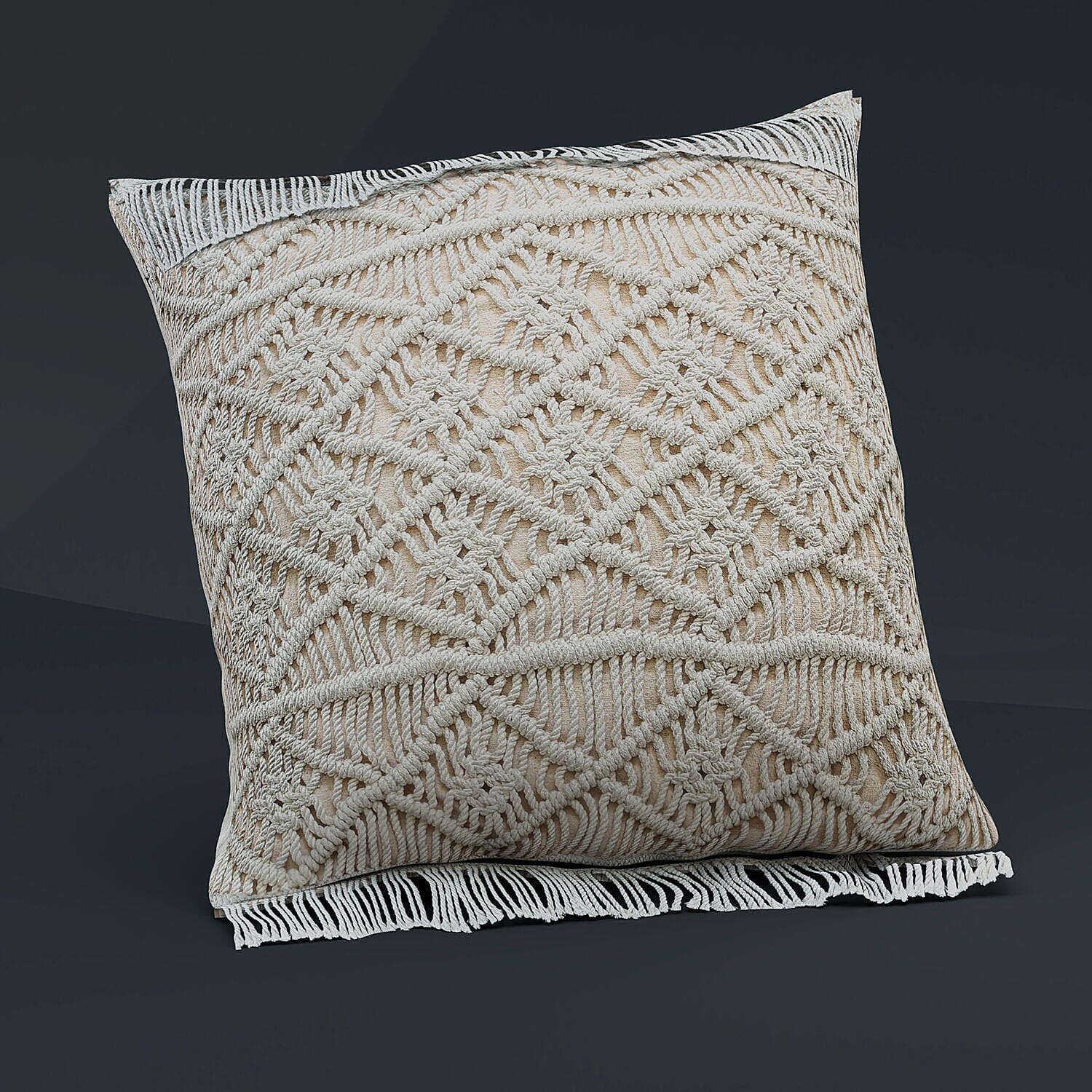 Set of 2 - Handmade 100% Cotton Macrame Cushion Cover with Zipper (Size 40 Cm) - Ivory