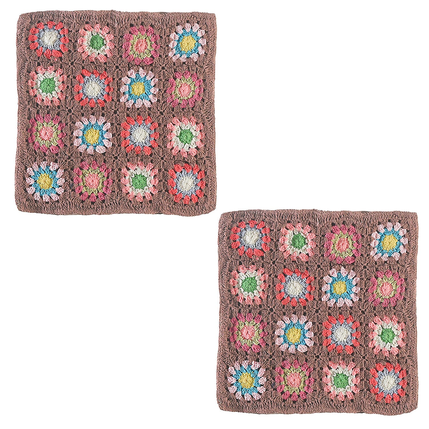 Set of 2 - Handmade 100% Cotton Crochet Cushion Cover with Zipper Closure (Size 16 Cm) - Brown & Multi