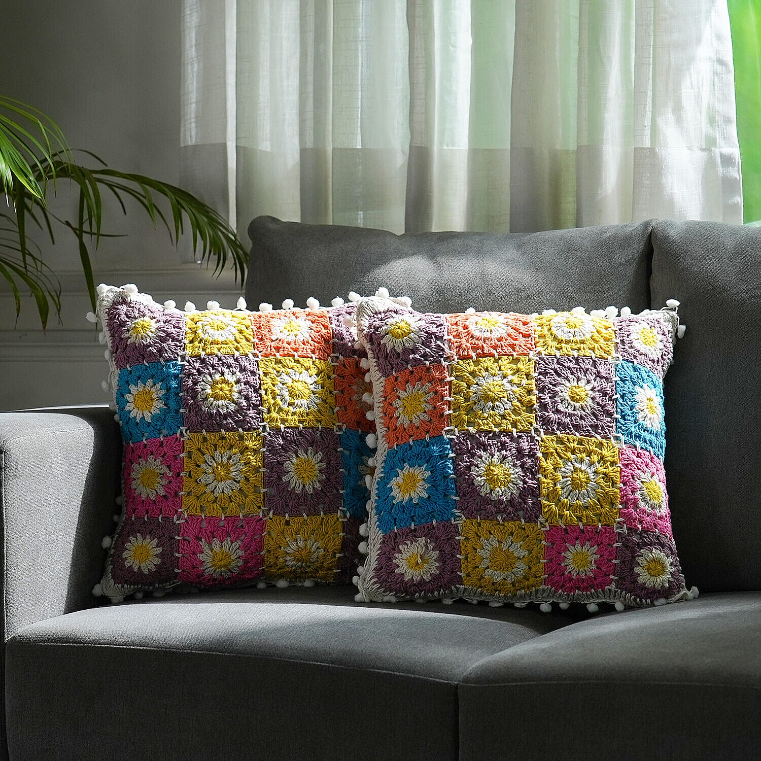 Set of 2 - Handmade 100% Cotton Crochet Cushion Cover with Zipper Closure (Size 16 Cm) - Yellow & Multi