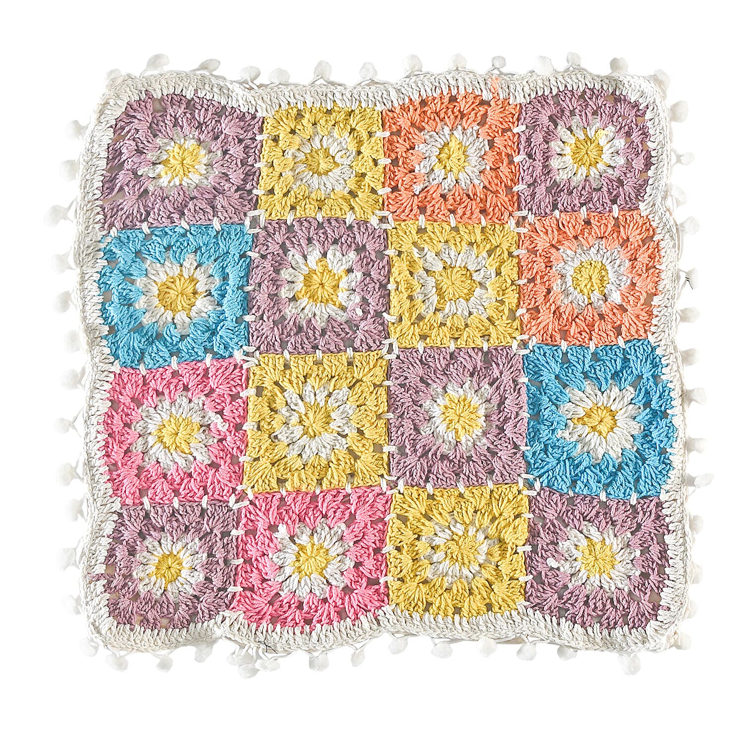 Set of 2 - Handmade 100% Cotton Crochet Cushion Cover with Zipper Closure (Size 16 Cm) - Yellow & Multi