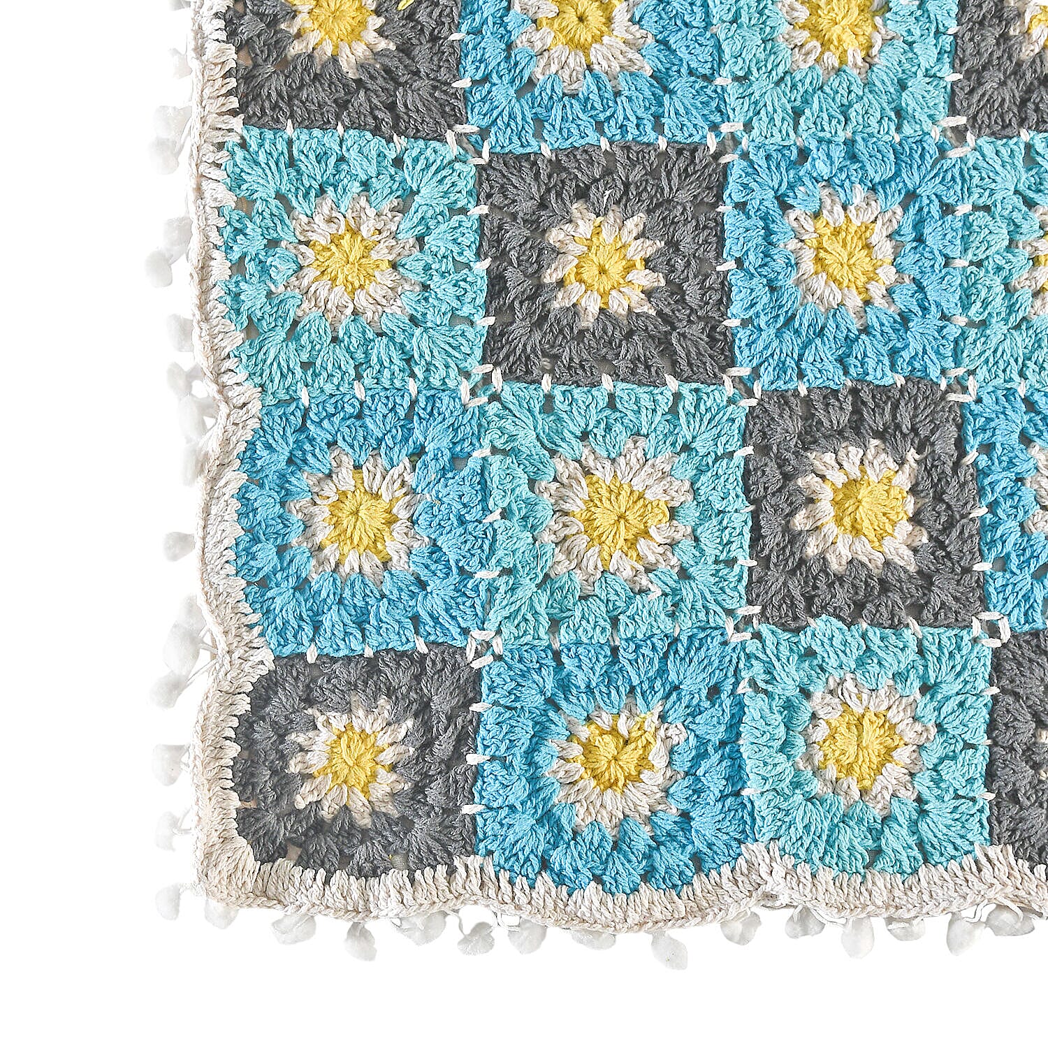 Set of 2 - Handmade 100% Cotton Crochet Cushion Cover with Zipper Closure (Size 16 Cm) - Blue & Grey