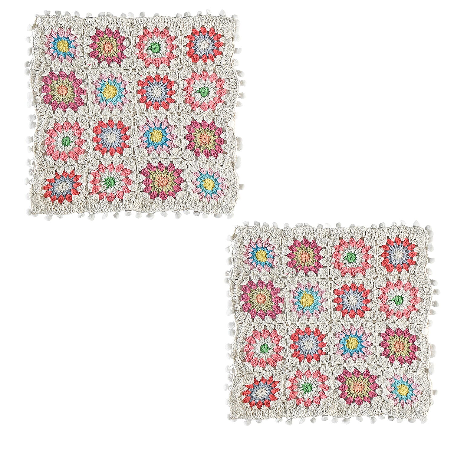 Set of 2 - Handmade 100% Cotton Crochet Cushion Cover with Zipper Closure (Size 16 Cm) - Off White