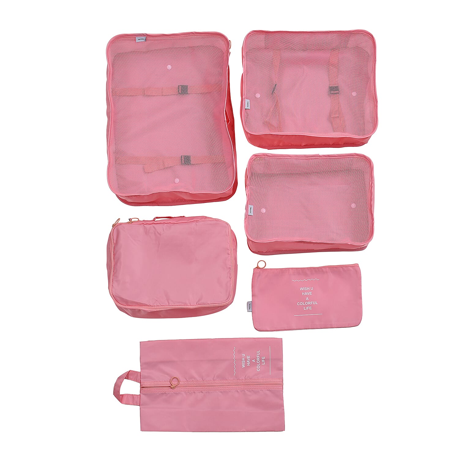 Set of 7 - Luggage Organiser Set (Includes Large Bag, Small Bag, Medium Bag, Extra Small Bag, Landry Bag, Shoe Bag and Flat Bag) - Pink Colour