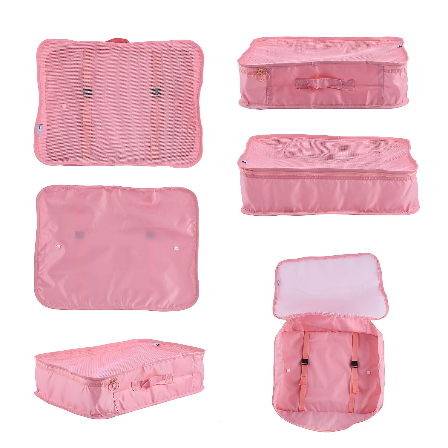 Set of 7 - Luggage Organiser Set (Includes Large Bag, Small Bag, Medium Bag, Extra Small Bag, Landry Bag, Shoe Bag and Flat Bag) - Pink Colour