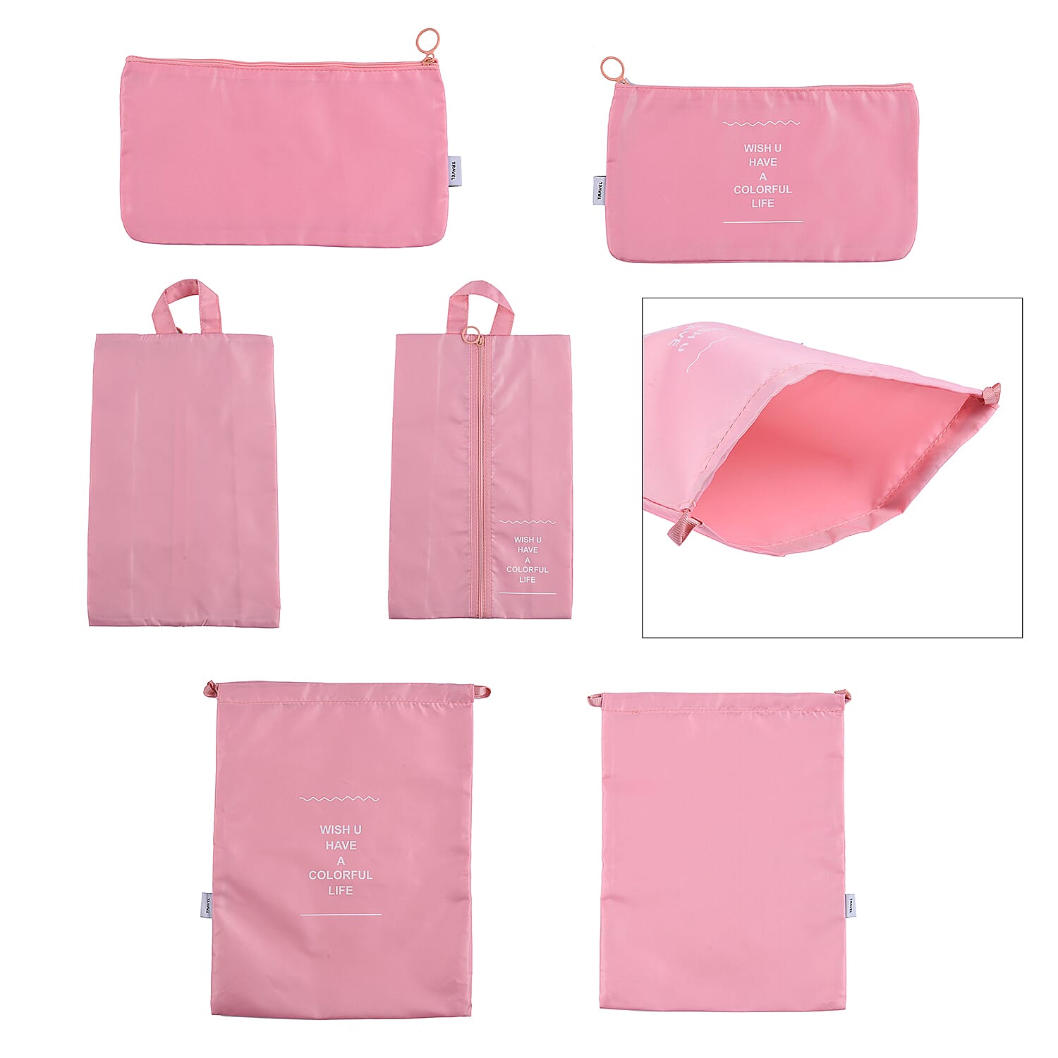 Set of 7 - Luggage Organiser Set (Includes Large Bag, Small Bag, Medium Bag, Extra Small Bag, Landry Bag, Shoe Bag and Flat Bag) - Pink Colour