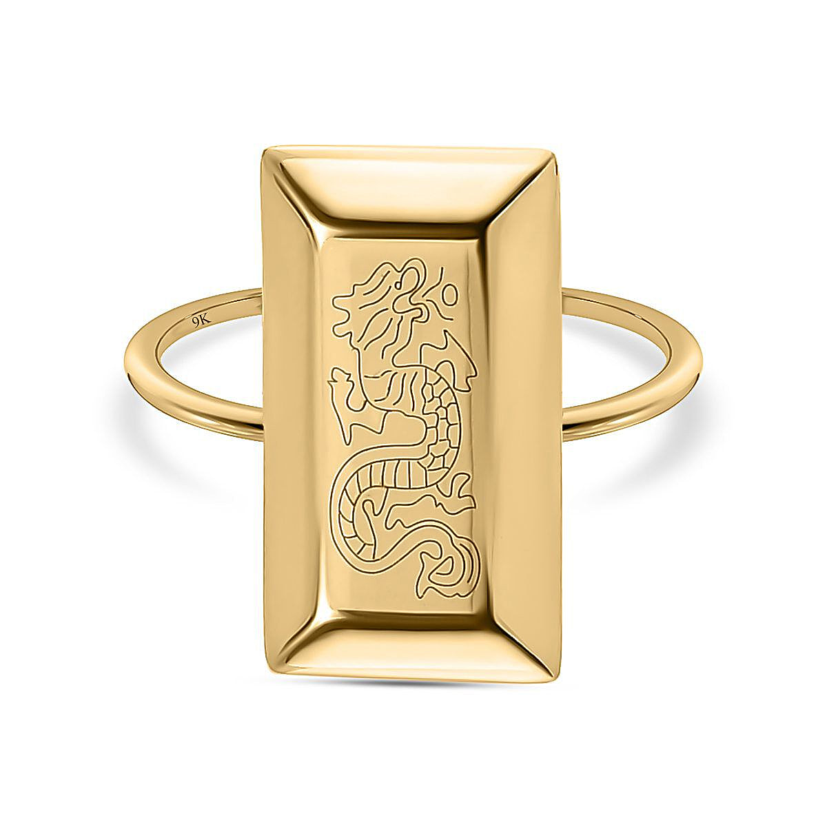 Italian Made - 9K Yellow Gold Dragon Motif Bar Ring