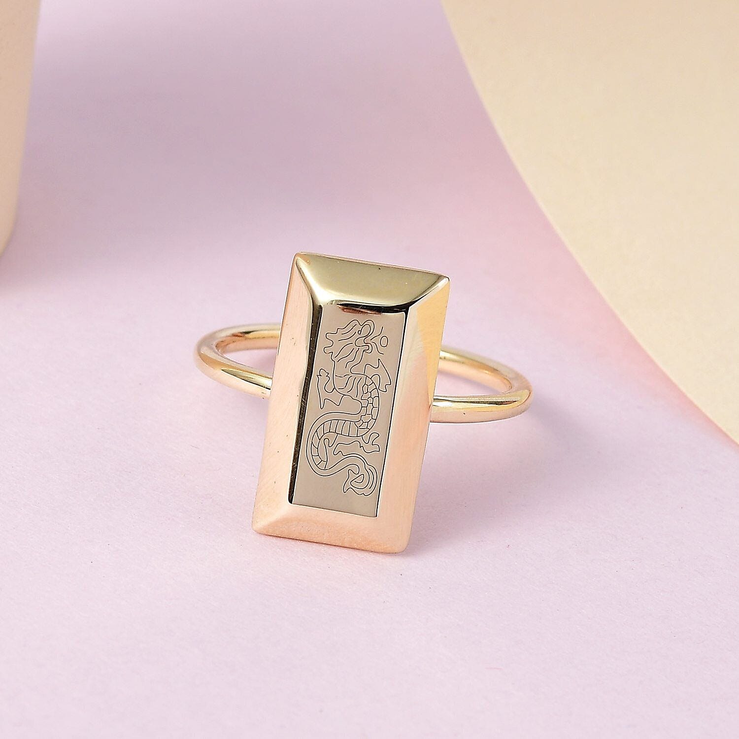 Italian Made - 9K Yellow Gold Dragon Motif Bar Ring