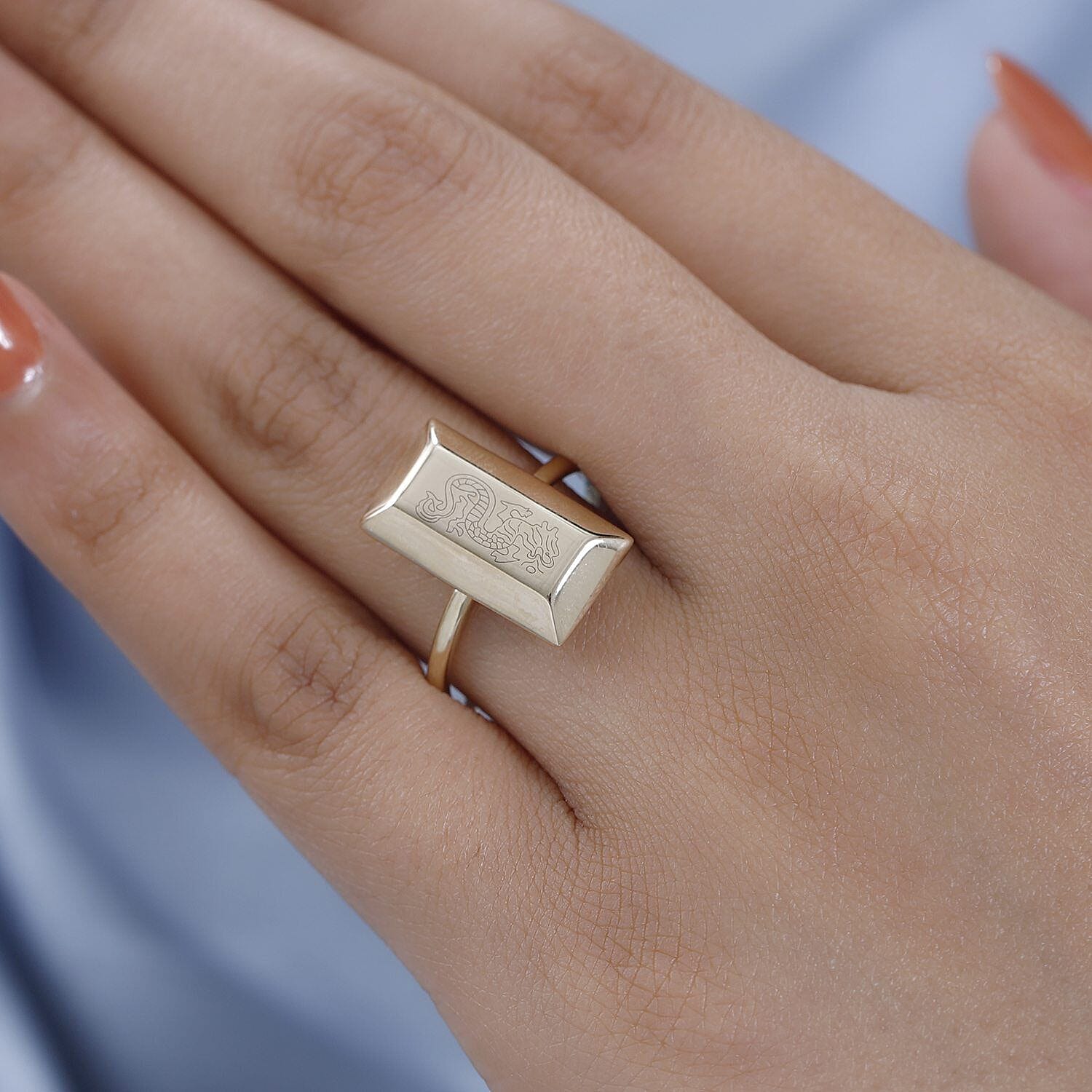 Italian Made - 9K Yellow Gold Dragon Motif Bar Ring