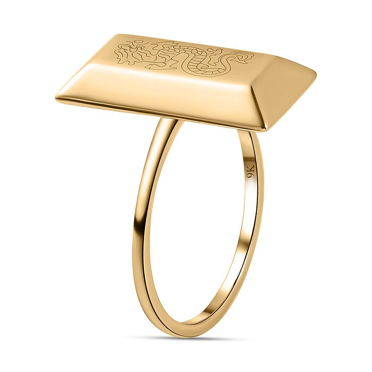 Italian Made - 9K Yellow Gold Dragon Motif Bar Ring