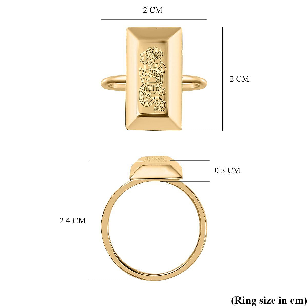 Italian Made - 9K Yellow Gold Dragon Motif Bar Ring