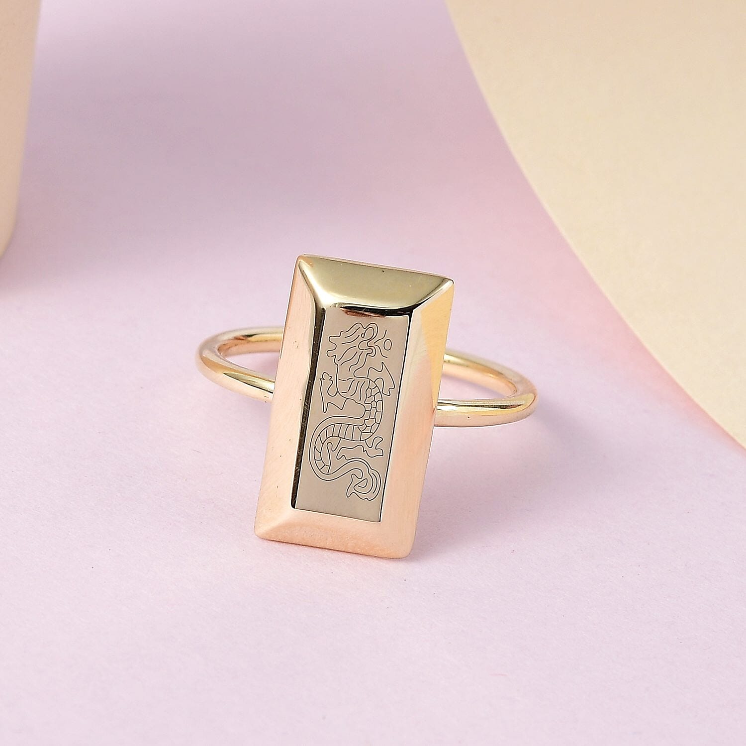 Italian Made - 9K Yellow Gold Dragon Motif Bar Ring