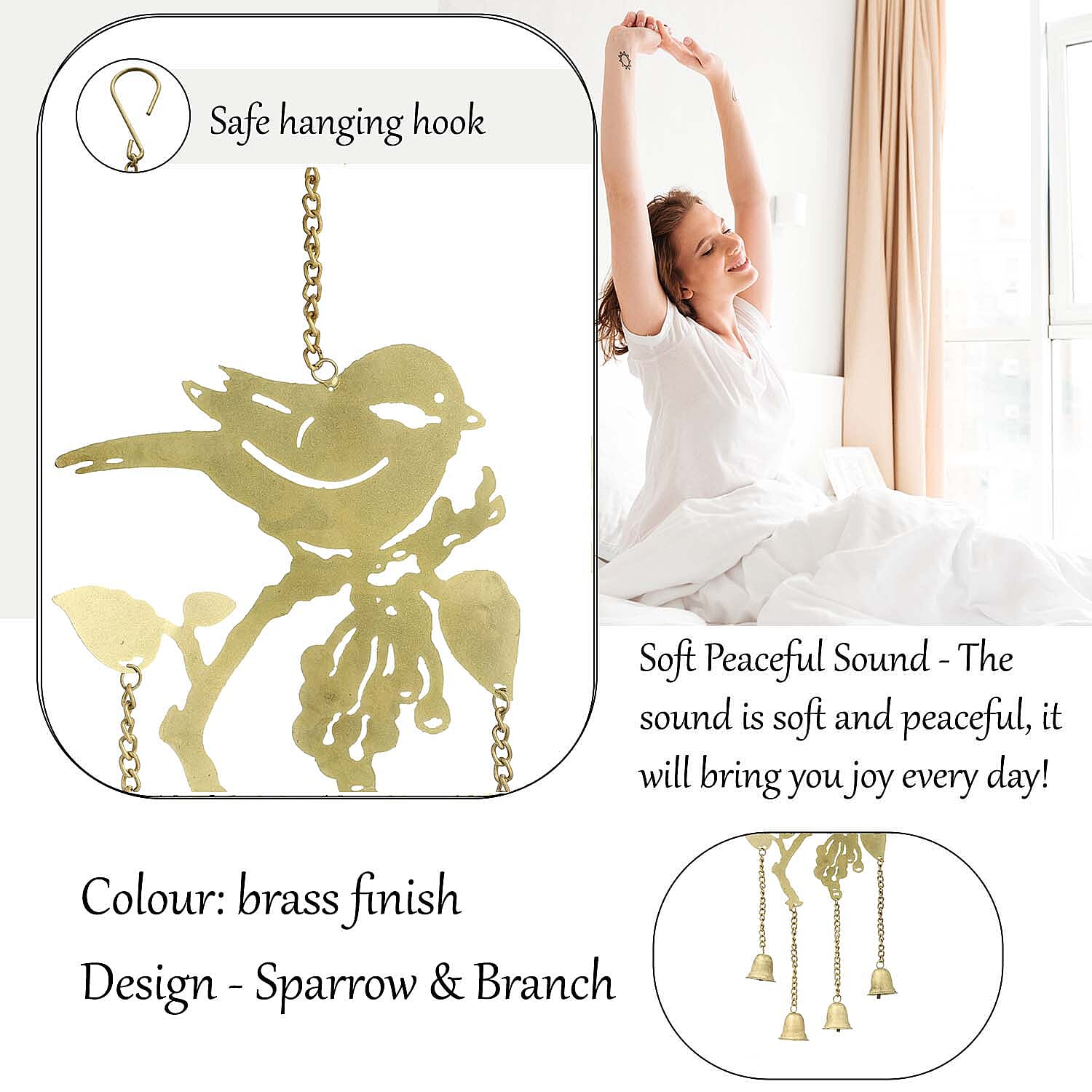 Antique Look Brass Finish Metal Wind Chime - Sparrow