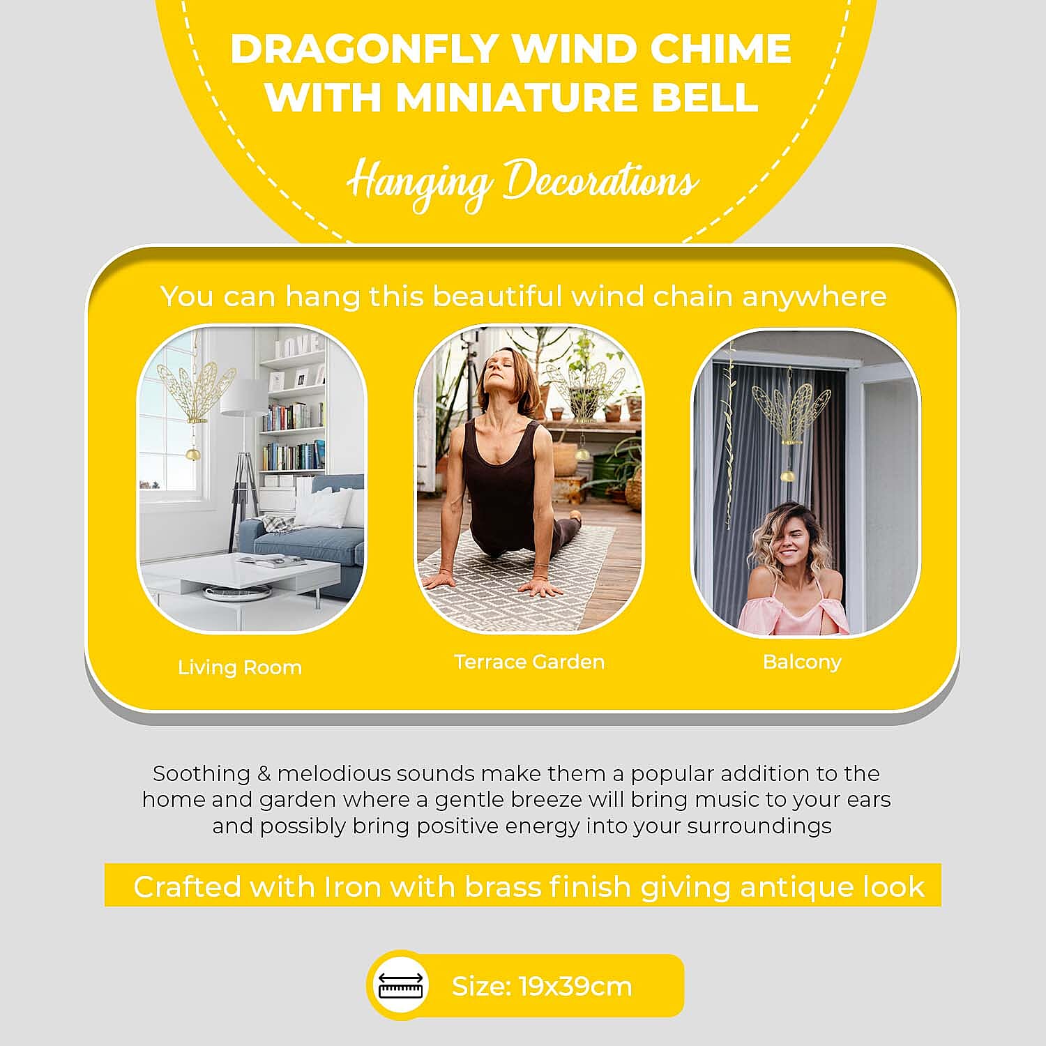 Antique Look Brass Finish Metal Wind Chime - Dragonfly