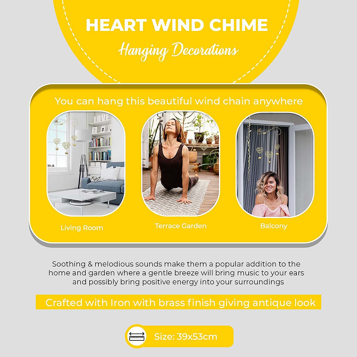 Antique Look Brass Finish Metal Wind Chime - Hearts