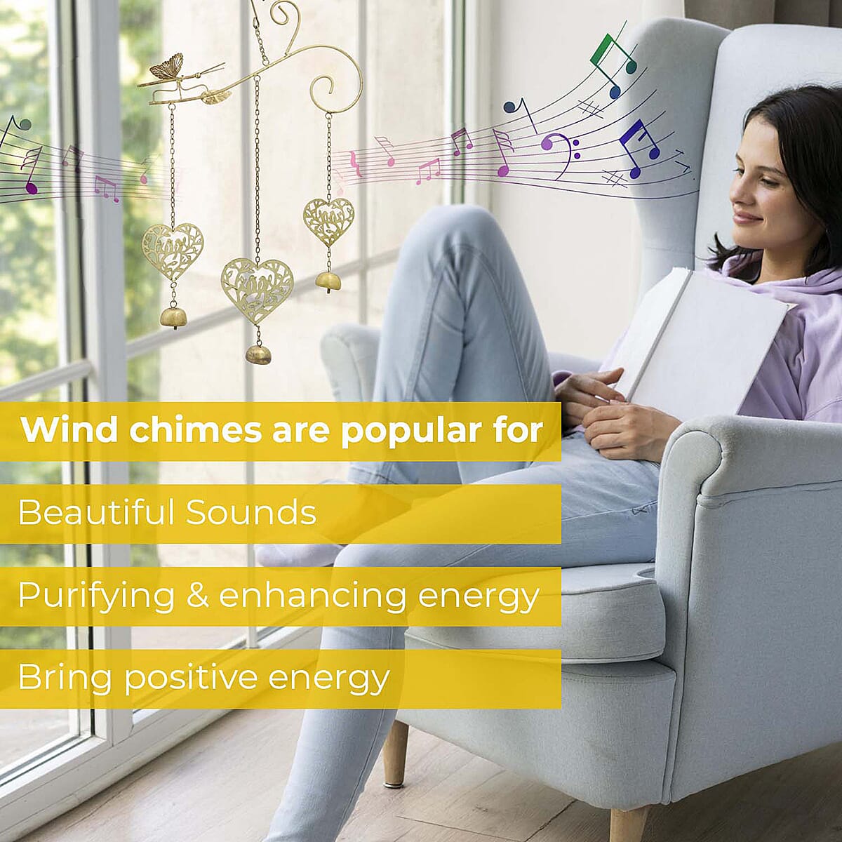 Antique Look Brass Finish Metal Wind Chime - Hearts