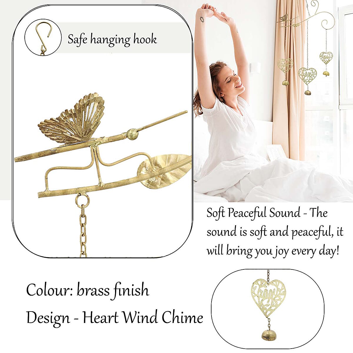 Antique Look Brass Finish Metal Wind Chime - Hearts