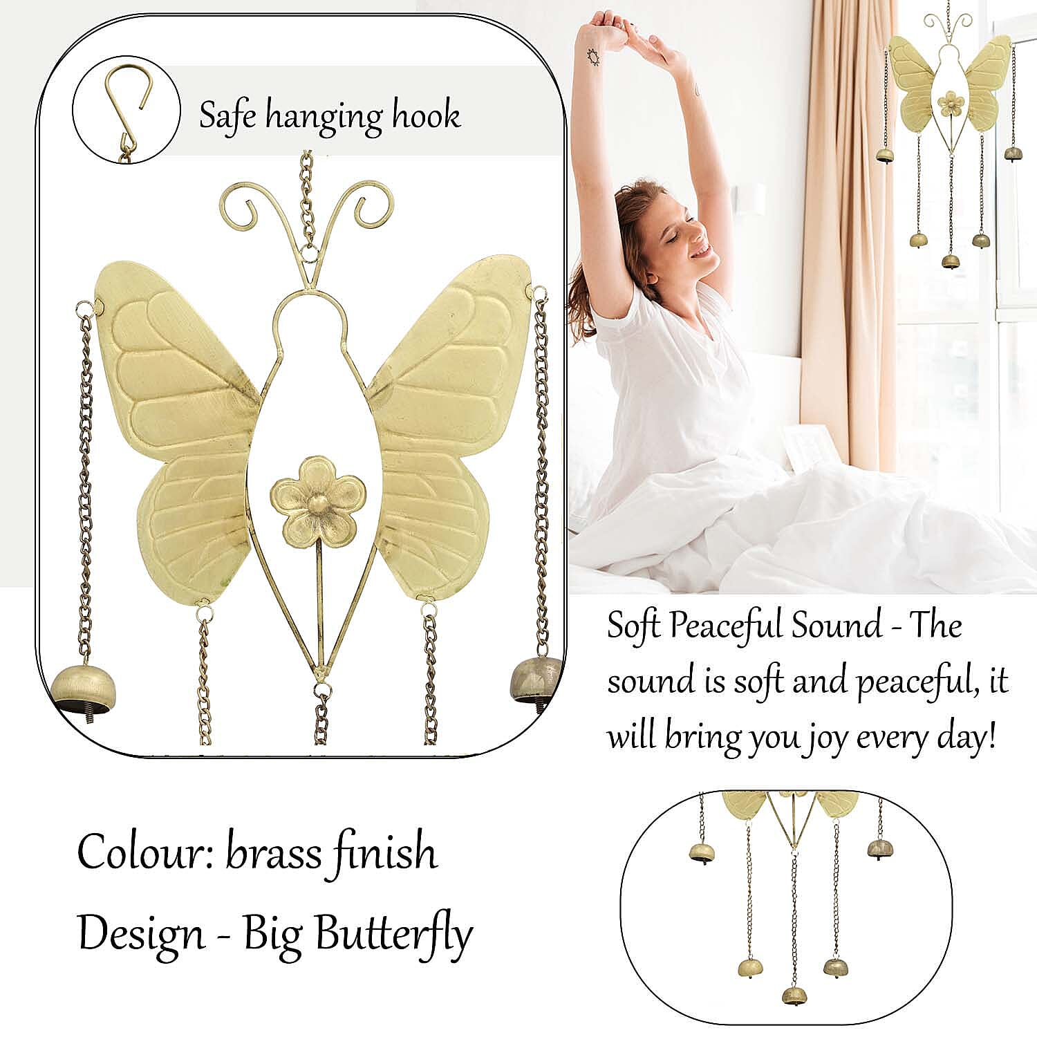 Closeout Deal Antique Look Brass Finish Metal Wind Chime Miniature Bells - Big Butterfly