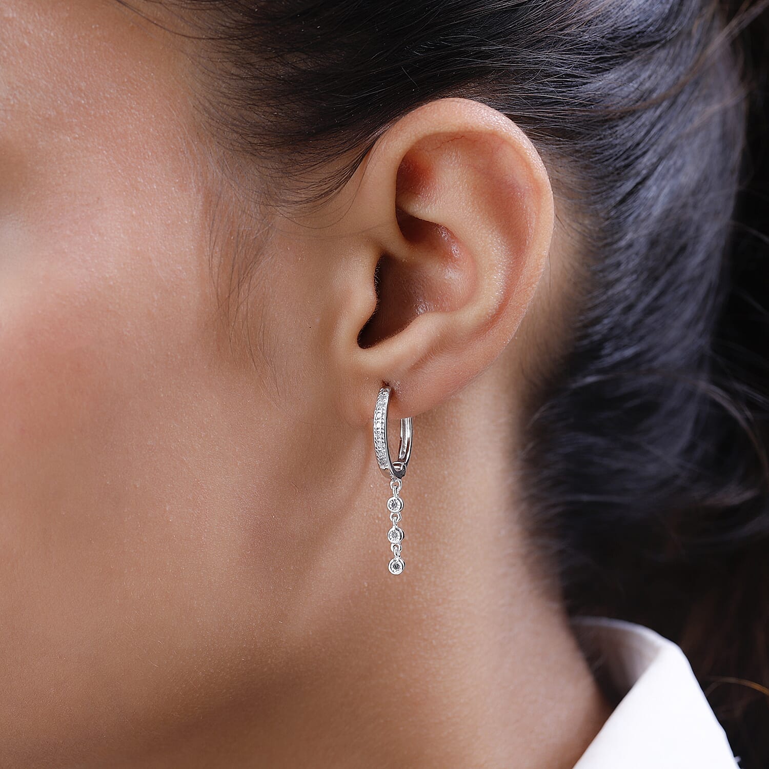 Diamond Half Hoop Earrings in Platinum Overlay Sterling Silver