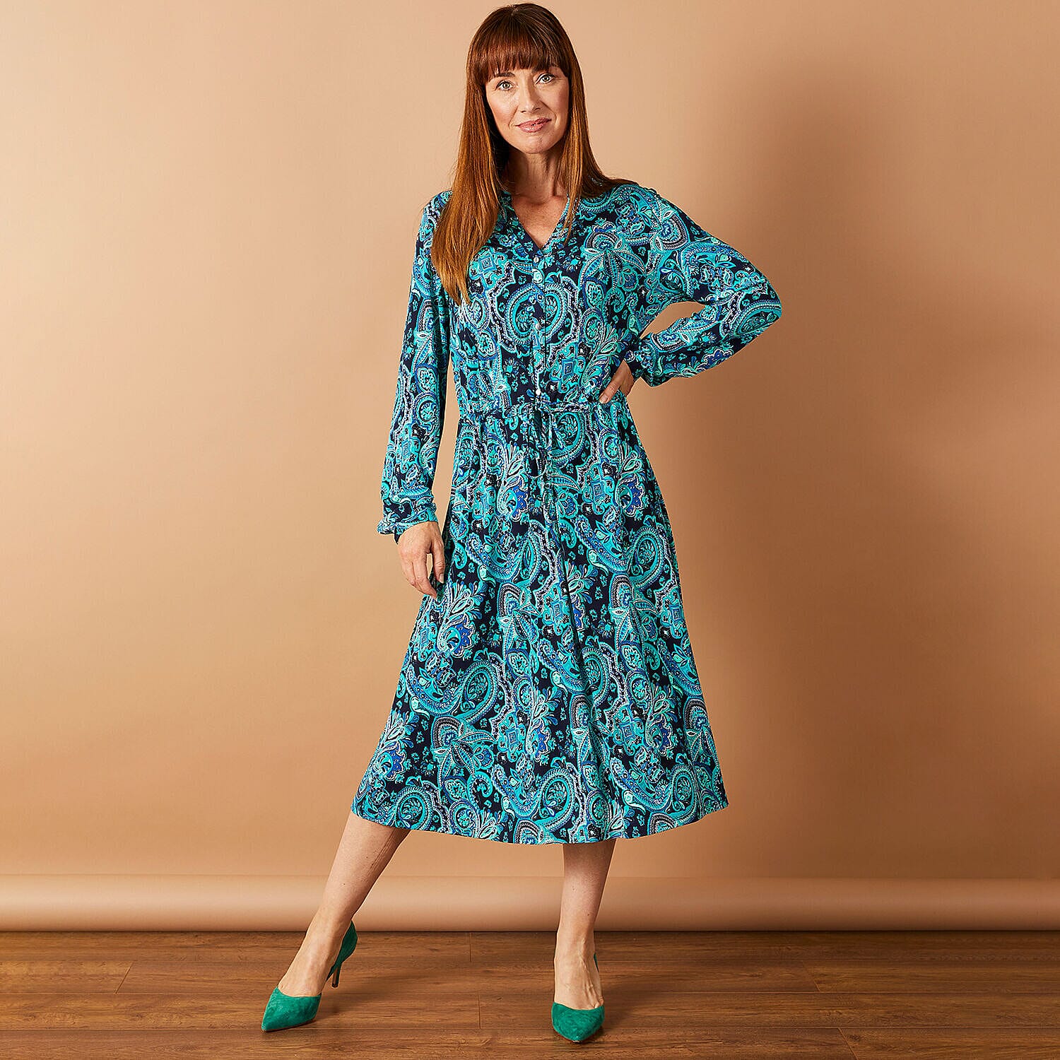 Emreco Long Sleeve Tie Waist Tiered Maxi Dress (Size 12) - Blue