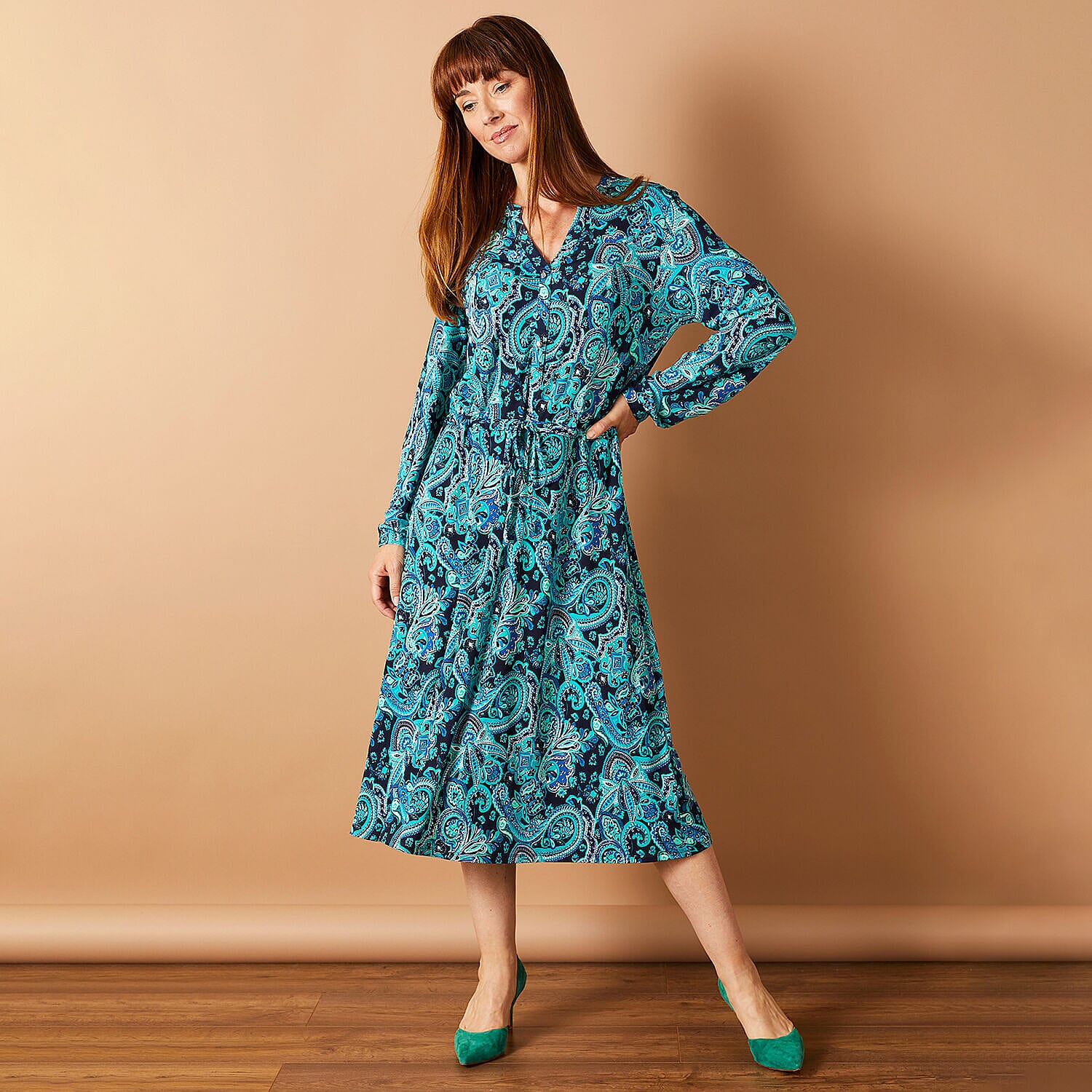 Emreco Long Sleeve Tie Waist Tiered Maxi Dress (Size 12) - Blue