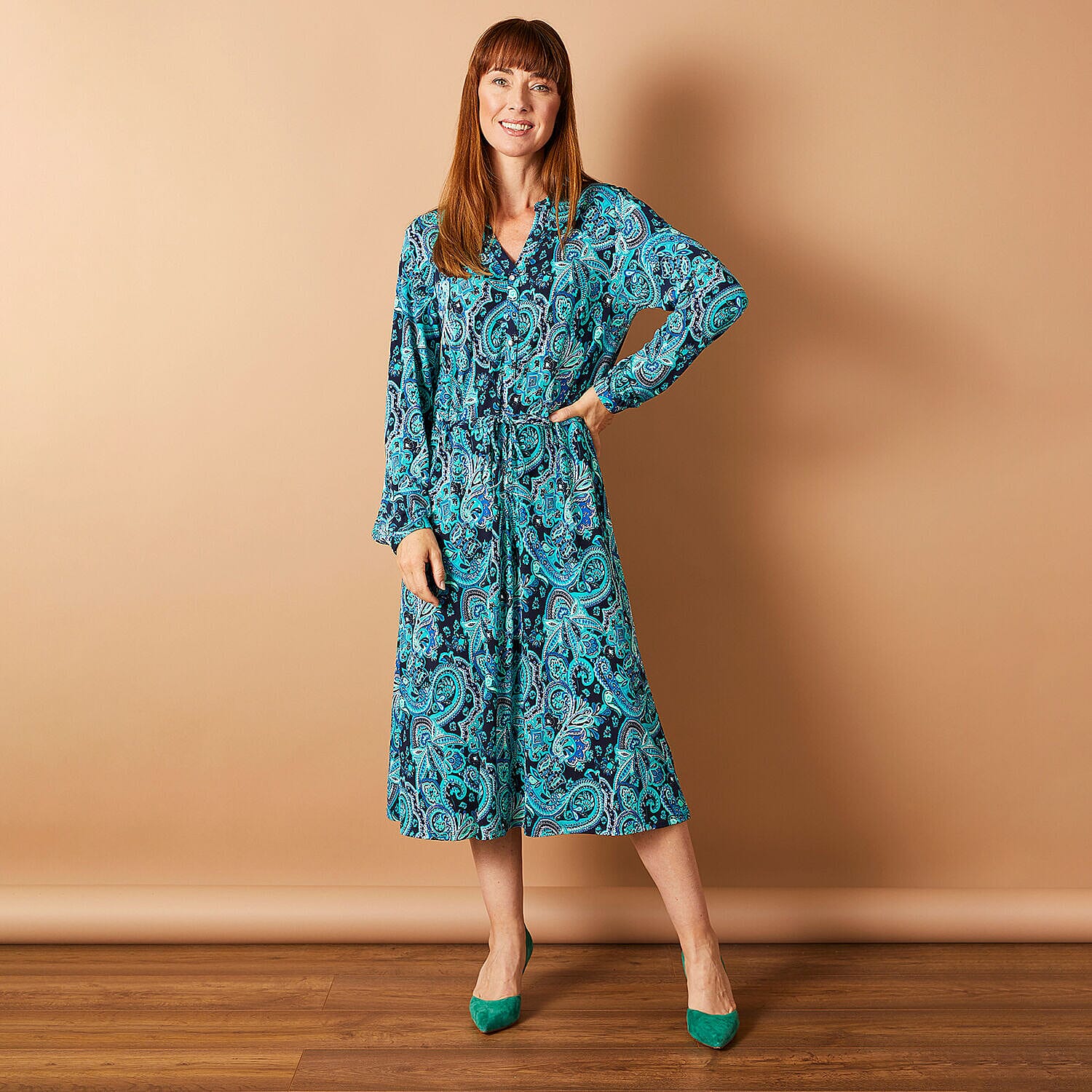 Emreco Long Sleeve Tie Waist Tiered Maxi Dress (Size 12) - Blue