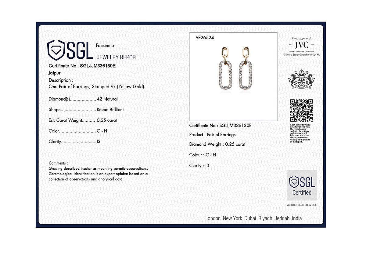 9K Yellow Gold SGL Certified Diamond (G-H) Stud Earrings 0.25 Ct
