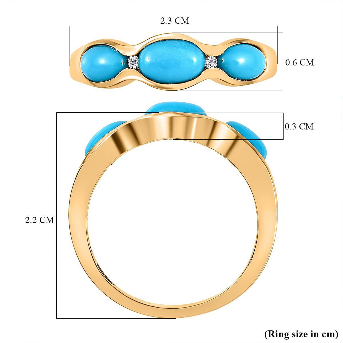 Arizona Sleeping Beauty Turquoise and Natural Zircon Ring in 18K Vermeil Yellow Gold Plated Sterling Silver 1.72 Ct.