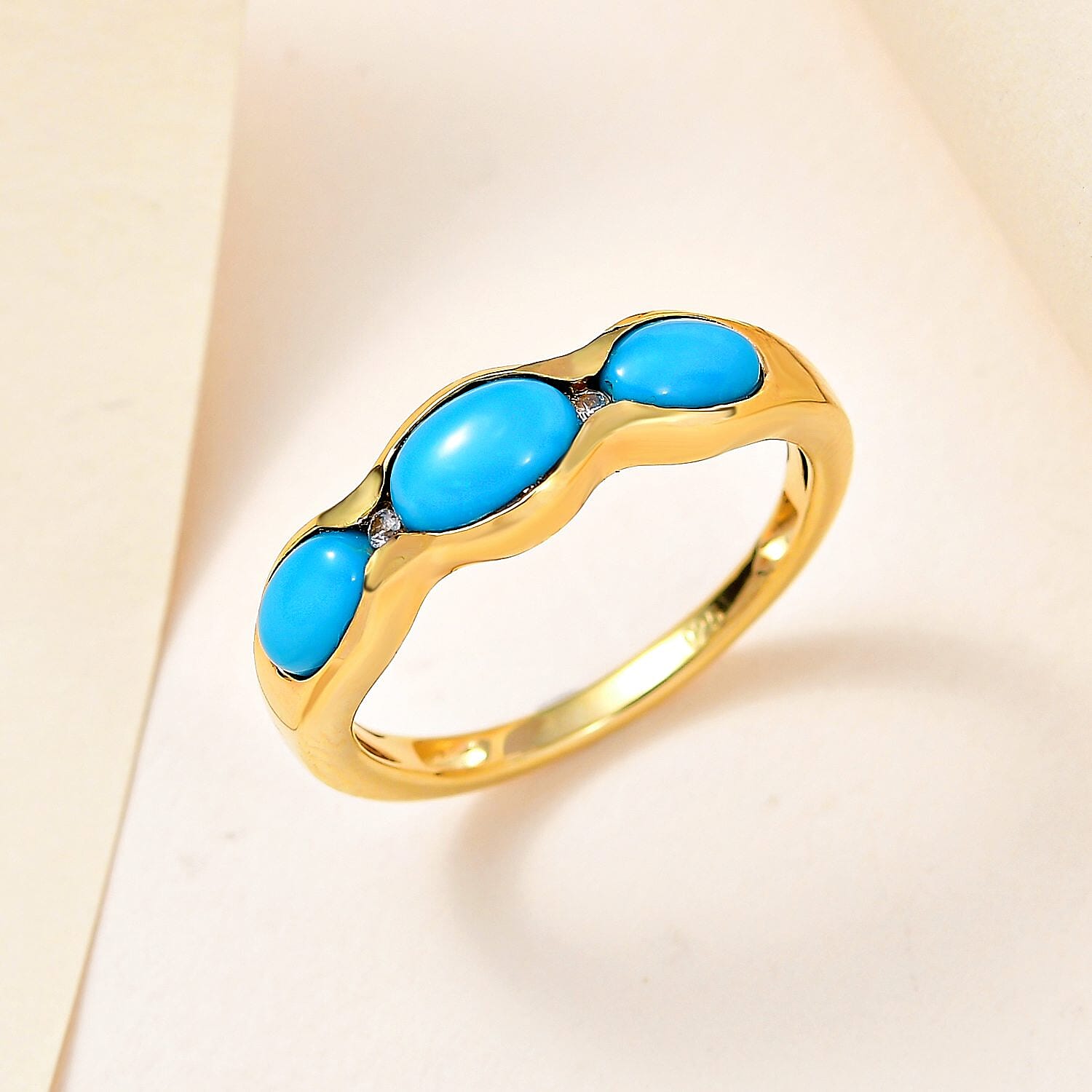 Arizona Sleeping Beauty Turquoise and Natural Zircon Ring in 18K Vermeil Yellow Gold Plated Sterling Silver 1.72 Ct.
