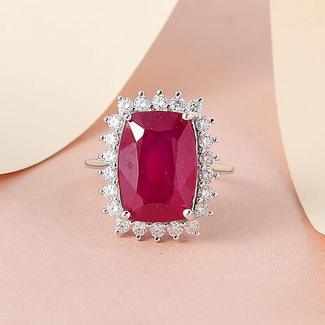9K White Gold African Ruby and White Moissanite Ring 11.55 Ct.