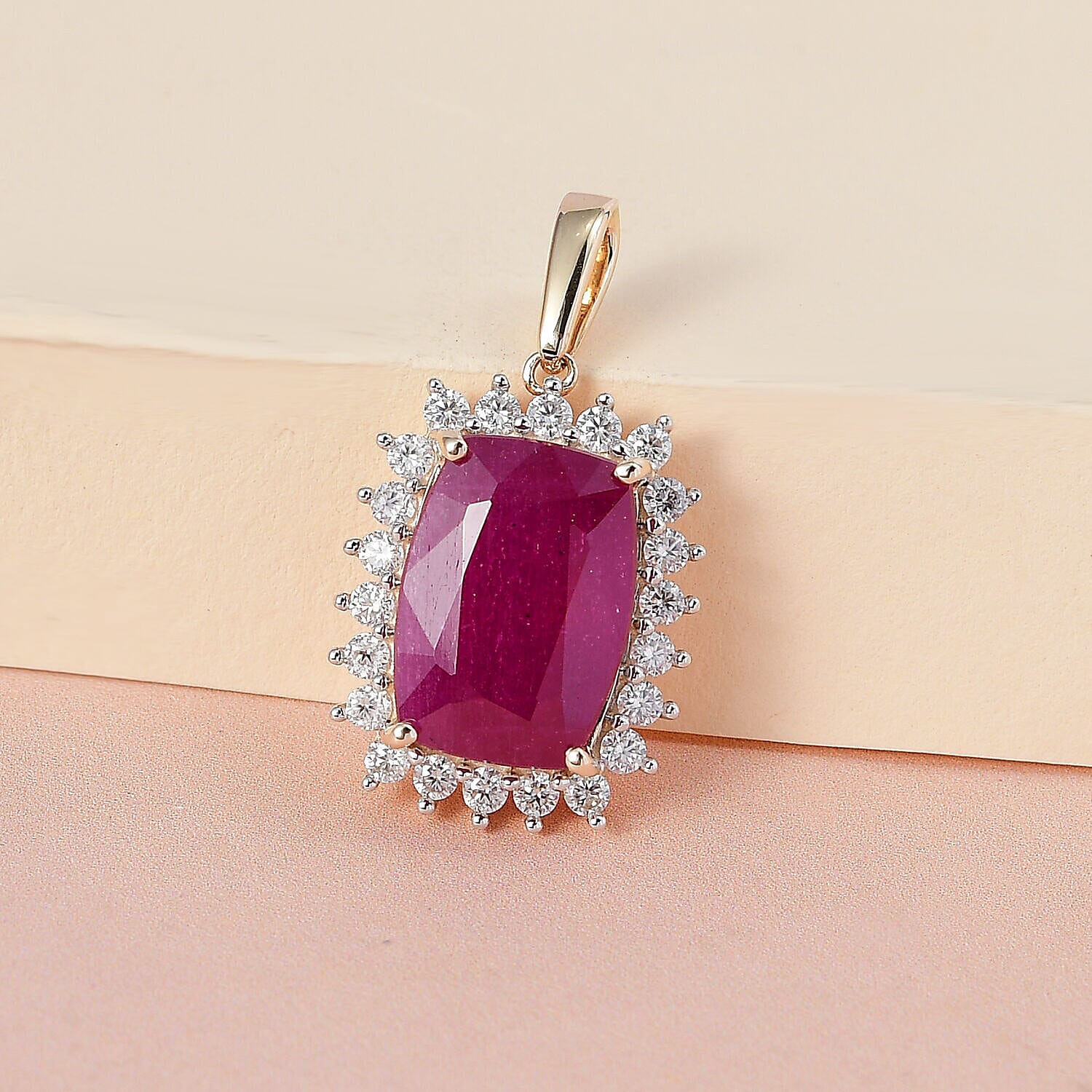 9K Yellow Gold African Ruby & Moissanite Pendant 11.51 Ct.